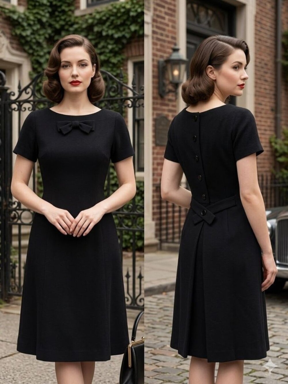 Vintage 50s Henri Bendel Black Wool Dress Medium Bow Back Button Mid Century LBD